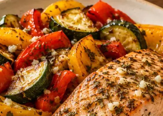 Lemon oregano salmon with roasted zucchini and sweet peppers, Monday’s dinner in the plan